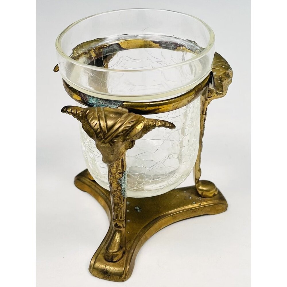 VTG MCM 4" Brass Ram Head Votive CANDLE HOLDER w/ Crackled Glass *Tarnish*